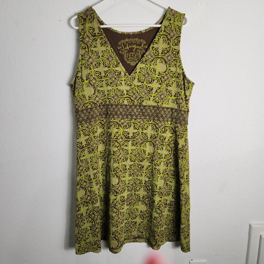 Life Is Good Women's Sleeveless Cotton Jersey Green Brown Dress